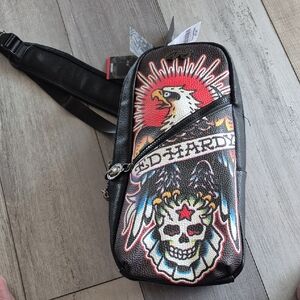 Ed Hardy Black Sling Bag with Multicolor Eagle & Skull Graphic